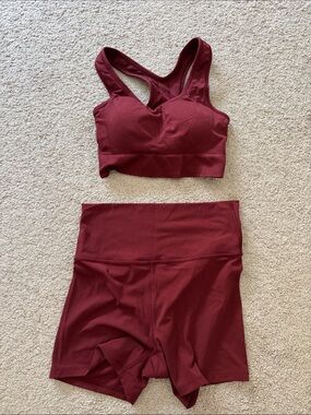All in Motion Burgundy Athletic Sports Bra and High-Waist Shorts Set